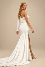 Rutipo Ivory Sheath/Column One-Shoulder Long Sleeves Wedding Dresses With Split Front