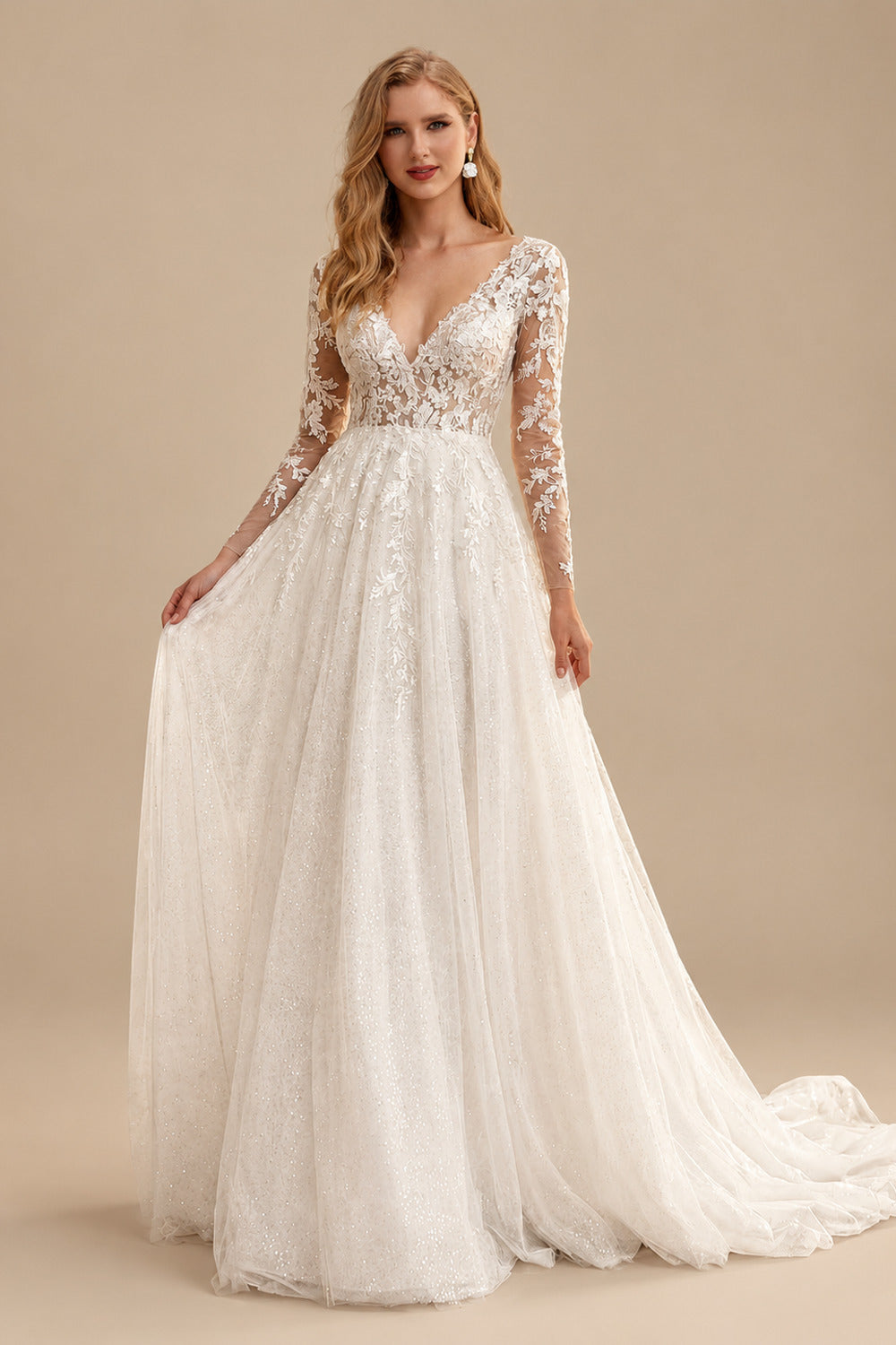 Rutipo Ivory Long Sleeves Lace Sparkly V-Neck Wedding Dresses