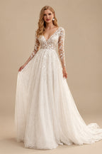 Rutipo Ivory Long Sleeves Lace Sparkly V-Neck Wedding Dresses
