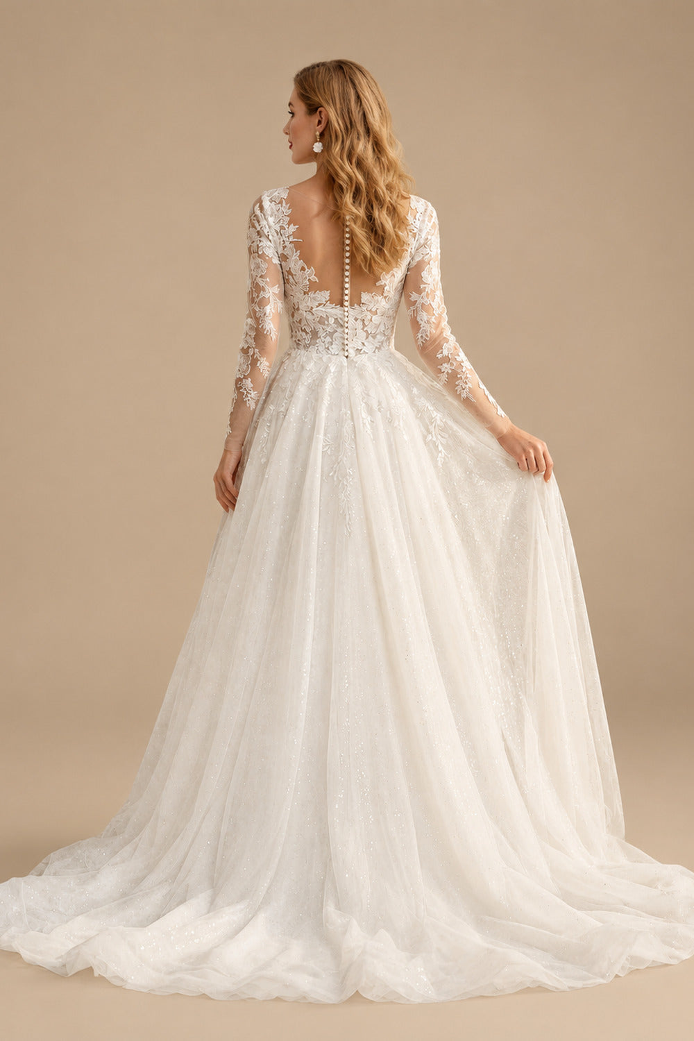 Rutipo Ivory Long Sleeves Lace Sparkly V-Neck Wedding Dresses