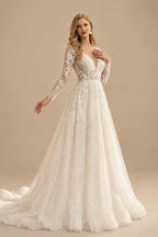 Rutipo Ivory Long Sleeves Lace Sparkly V-Neck Wedding Dresses