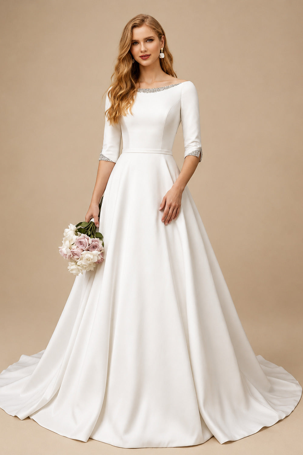 Rutipo Ivory Classic Satin Ball-Gown Wedding Dresses With Beading