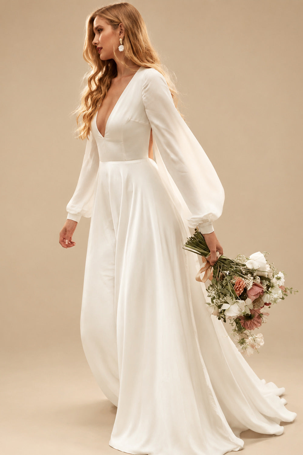 Rutipo Ivory A-Line V-Neck Long Sleeves Sweep Train Silk Like Satin Wedding Dresses