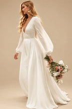 Rutipo Ivory A-Line V-Neck Long Sleeves Sweep Train Silk Like Satin Wedding Dresses