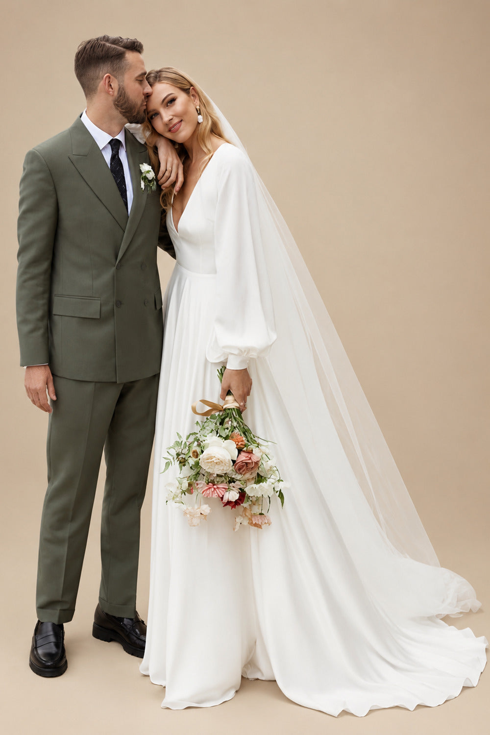 Rutipo Ivory A-Line V-Neck Long Sleeves Sweep Train Silk Like Satin Wedding Dresses