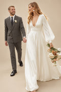 Rutipo Ivory A-Line V-Neck Long Sleeves Sweep Train Silk Like Satin Wedding Dresses