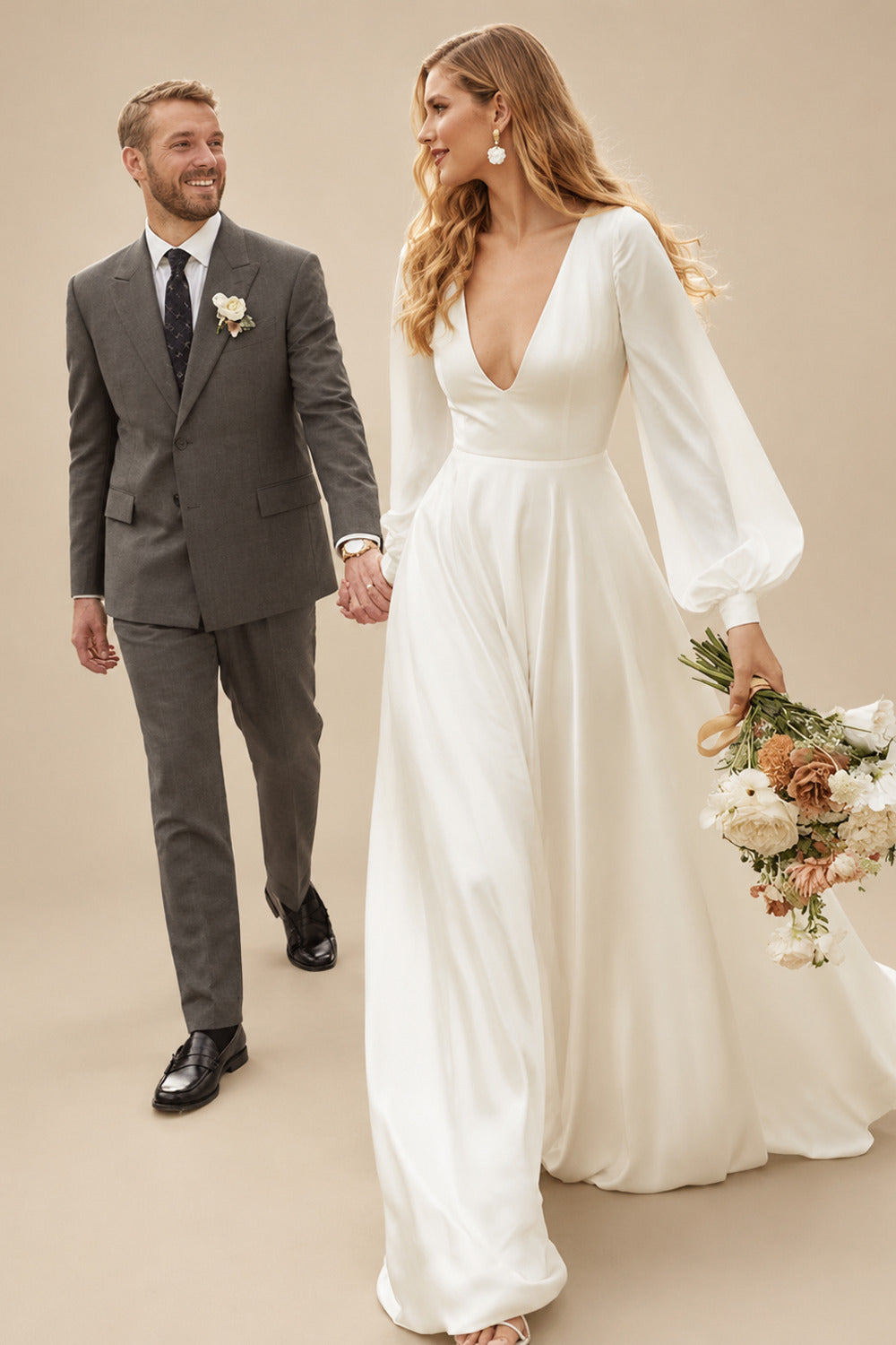 Rutipo Ivory A-Line V-Neck Long Sleeves Sweep Train Silk Like Satin Wedding Dresses
