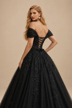 Rutipo Black Ball-Gown Off-The-Shoulder Short Sleeves Lace/Tulle Wedding Dresses