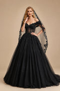 Rutipo Black Ball-Gown Off-The-Shoulder Short Sleeves Lace/Tulle Wedding Dresses