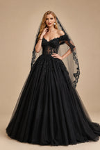 Rutipo Black Ball-Gown Off-The-Shoulder Short Sleeves Lace/Tulle Wedding Dresses