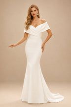 Rutipo Ivory Off-The-Shoulder Sleeveless Sweep Train Charmeuse Wedding Dresses