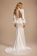 Rutipo Ivory High Neck Long Sleeves Asymmetrical Silk Like Satin Wedding Dresses With Split Front