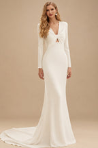 Rutipo Ivory Mermaid Long Sleeves Court Train Elastic Satin Wedding Dresses