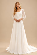 Rutipo Ivory Boho Lace Square Neckline A-Line Wedding Dresses