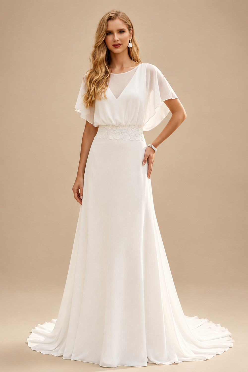Rutipo Ivory Boho Lace Open Back A-Line Wrap Wedding Dresses
