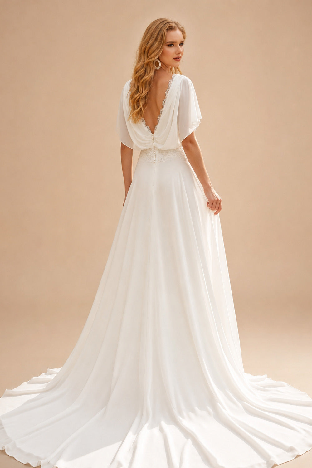 Rutipo Ivory Boho Lace Open Back A-Line Wrap Wedding Dresses