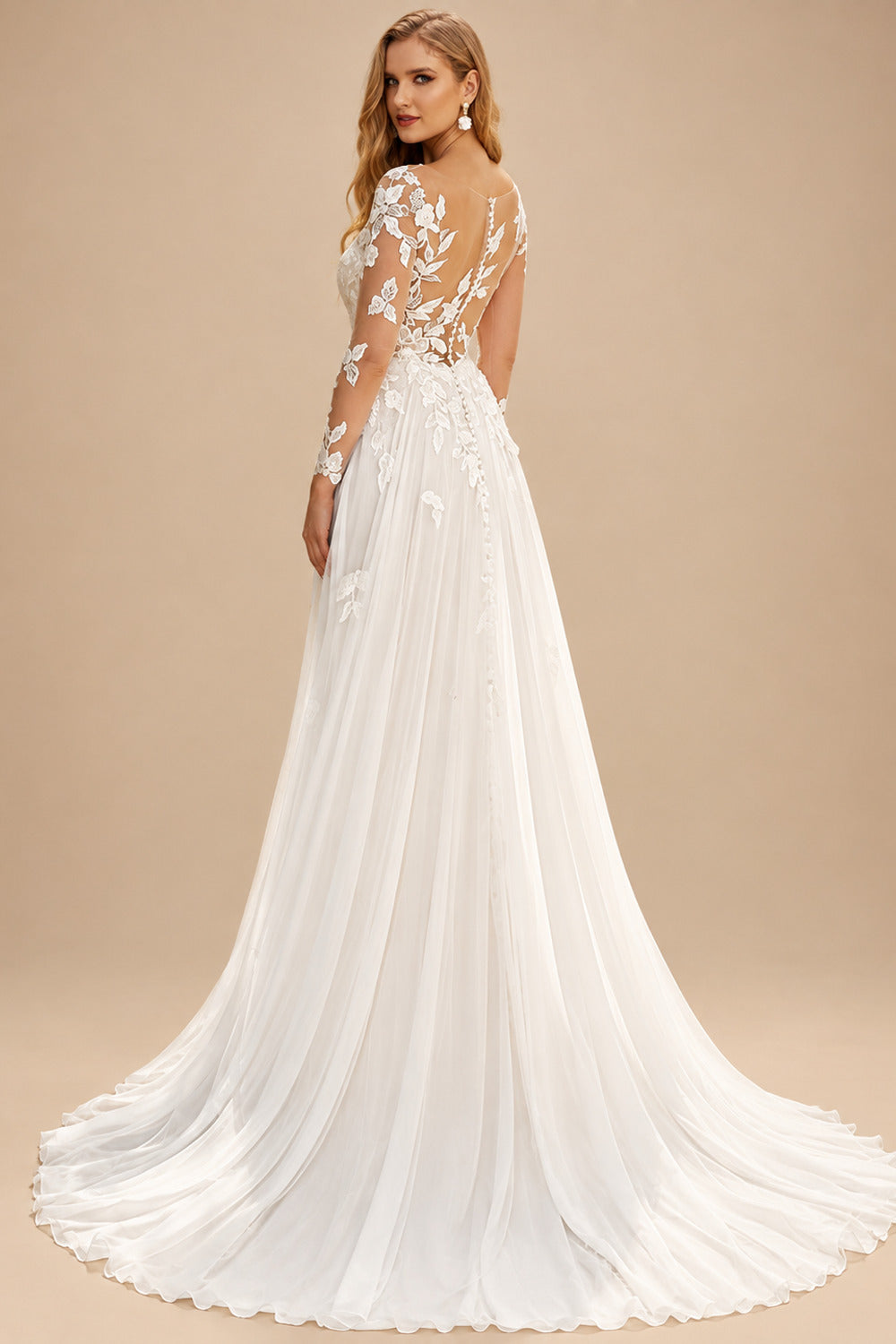 Rutipo Ivory A-Line Illusion Neck Long Sleeves Sweep Train Lace Wedding Dresses