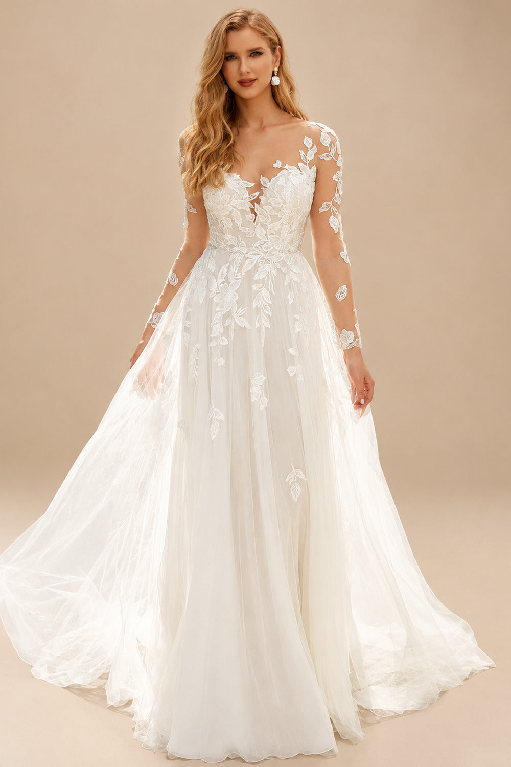 Rutipo Ivory A-Line Illusion Neck Long Sleeves Sweep Train Lace Wedding Dresses