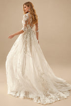 Rutipo As Picture A-Line High Neck 1/2 Sleeves Sweep Train Lace Wedding Dresses