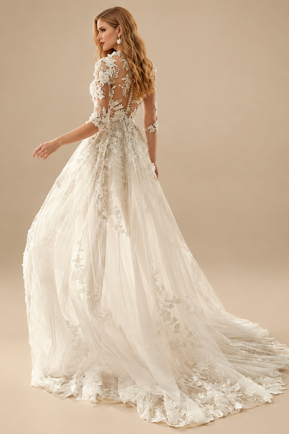 Rutipo As Picture A-Line High Neck 1/2 Sleeves Sweep Train Lace Wedding Dresses