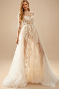Rutipo As Picture A-Line High Neck 1/2 Sleeves Sweep Train Lace Wedding Dresses