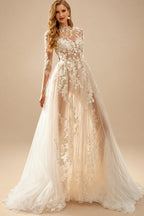 Rutipo As Picture A-Line High Neck 1/2 Sleeves Sweep Train Lace Wedding Dresses
