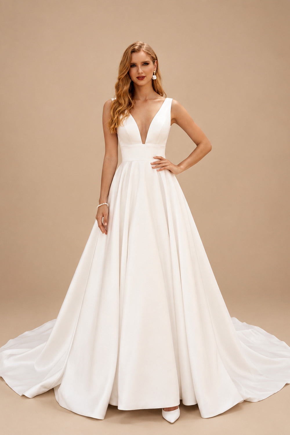 Rutipo Ivory A-Line V-Neck Sleeveless Sweep Train Satin Wedding Dresses With Bow(s)