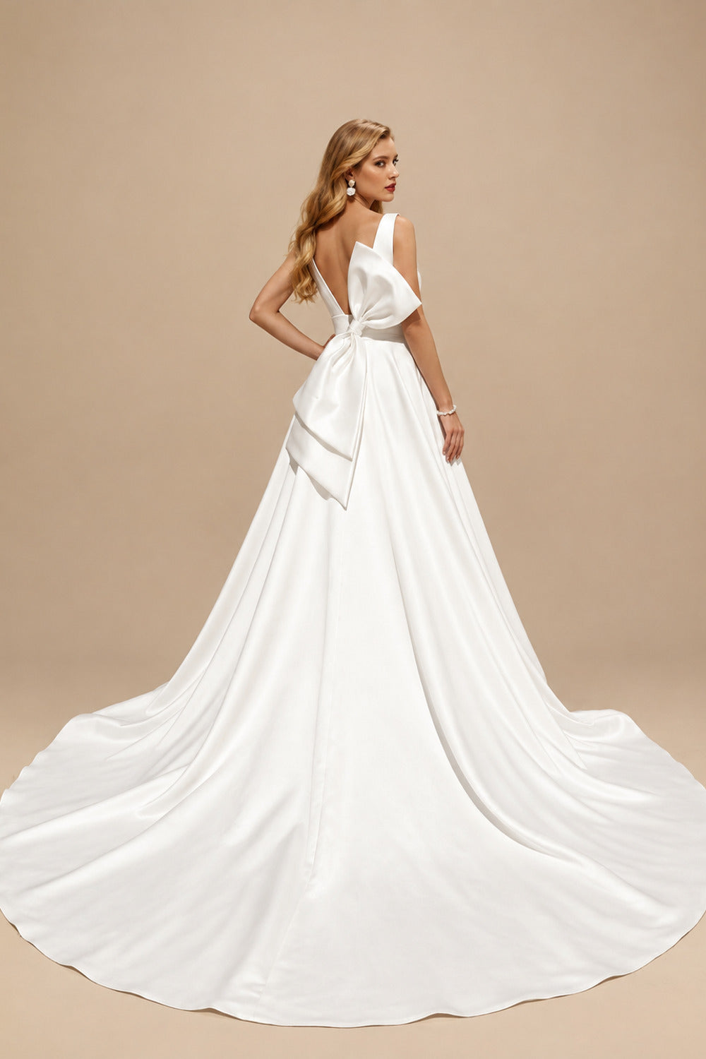Rutipo Ivory A-Line V-Neck Sleeveless Sweep Train Satin Wedding Dresses With Bow(s)