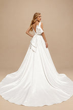 Rutipo Ivory A-Line V-Neck Sleeveless Sweep Train Satin Wedding Dresses With Bow(s)