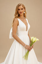 Rutipo Ivory A-Line V-Neck Sleeveless Sweep Train Satin Wedding Dresses With Bow(s)