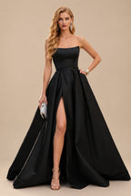 Rutipo Black Ball-Gown Strapless Sleeveless Floor-Length Satin Wedding Dresses With Split Front