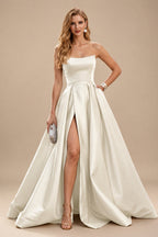 Rutipo Ivory Ball-Gown Strapless Sleeveless Floor-Length Satin Wedding Dresses With Split Front