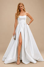 Rutipo White Ball-Gown Strapless Sleeveless Floor-Length Satin Wedding Dresses With Split Front