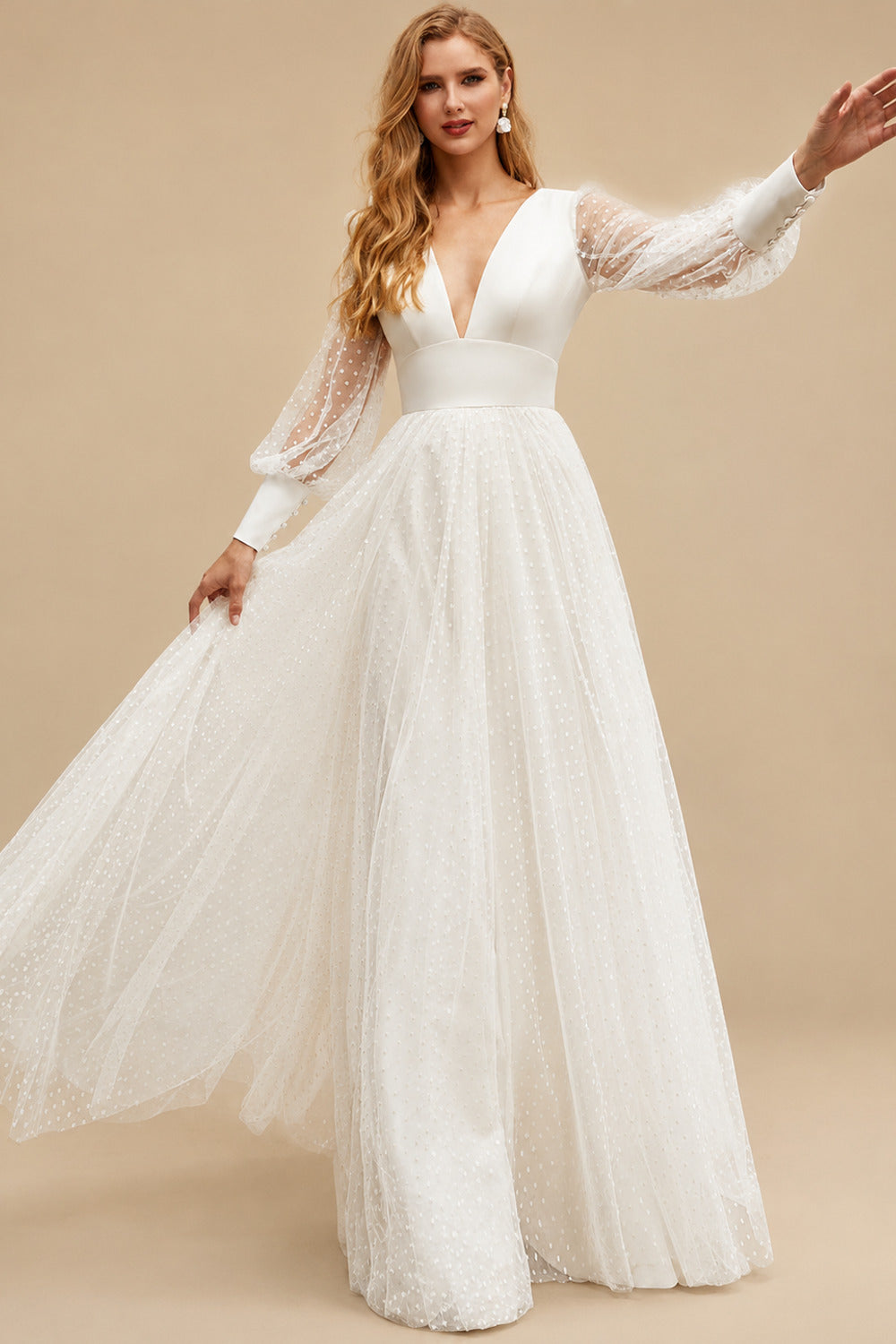 Rutipo Ivory V-Neck Long Sleeves Tulle A-Line Wedding Dresses
