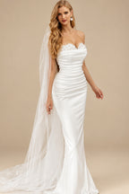 Rutipo Ivory Sweetheart Detachable Train Lace Sleeves Wedding Dresses
