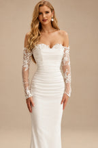Rutipo Ivory Sweetheart Detachable Train Lace Sleeves Wedding Dresses