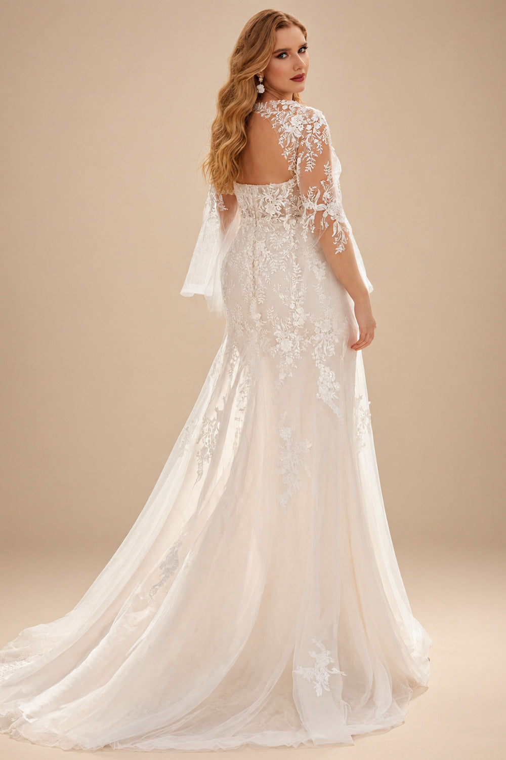 Rutipo Ivory Lace Long Sleeves V-Neck Sheath/Column Wedding Dresses With Back Hole