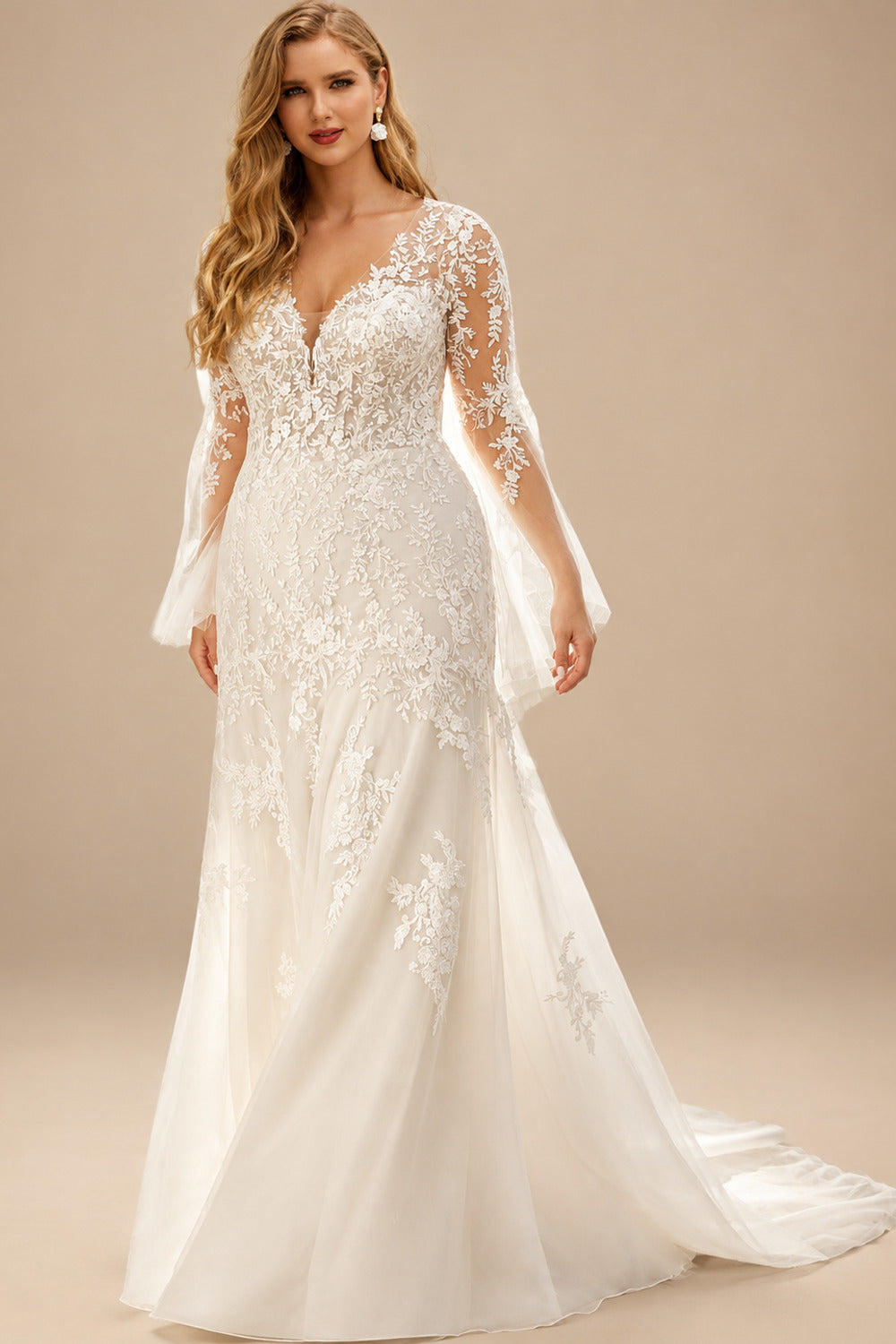 Rutipo Ivory Lace Long Sleeves V-Neck Sheath/Column Wedding Dresses With Back Hole