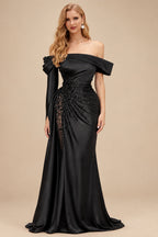 Rutipo Black Column Off-The-Shoulder Long Sleeves Satin/Sequined Wedding Dresses