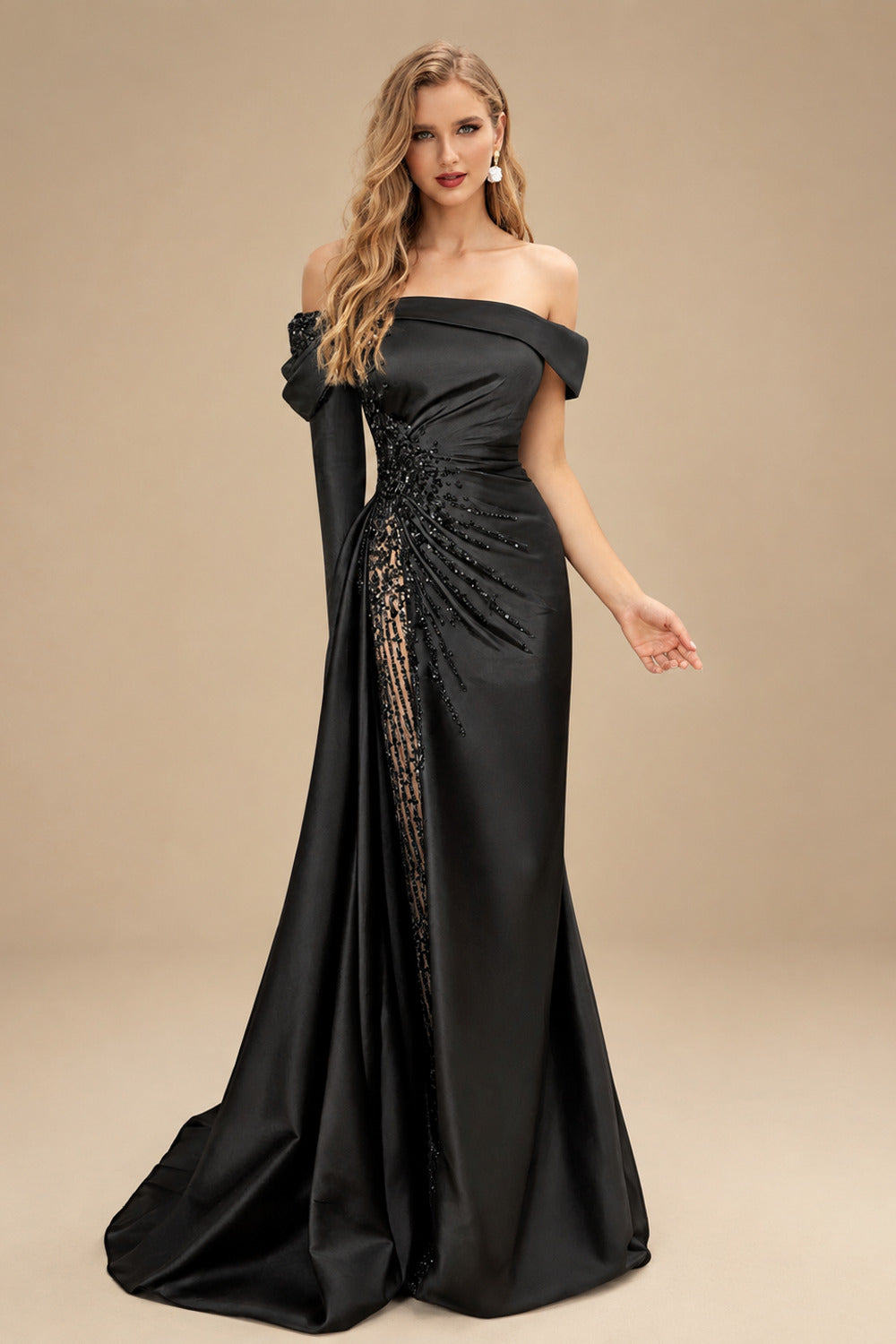 Rutipo Black Column Off-The-Shoulder Long Sleeves Satin/Sequined Wedding Dresses