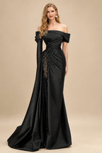 Rutipo Black Column Off-The-Shoulder Long Sleeves Satin/Sequined Wedding Dresses
