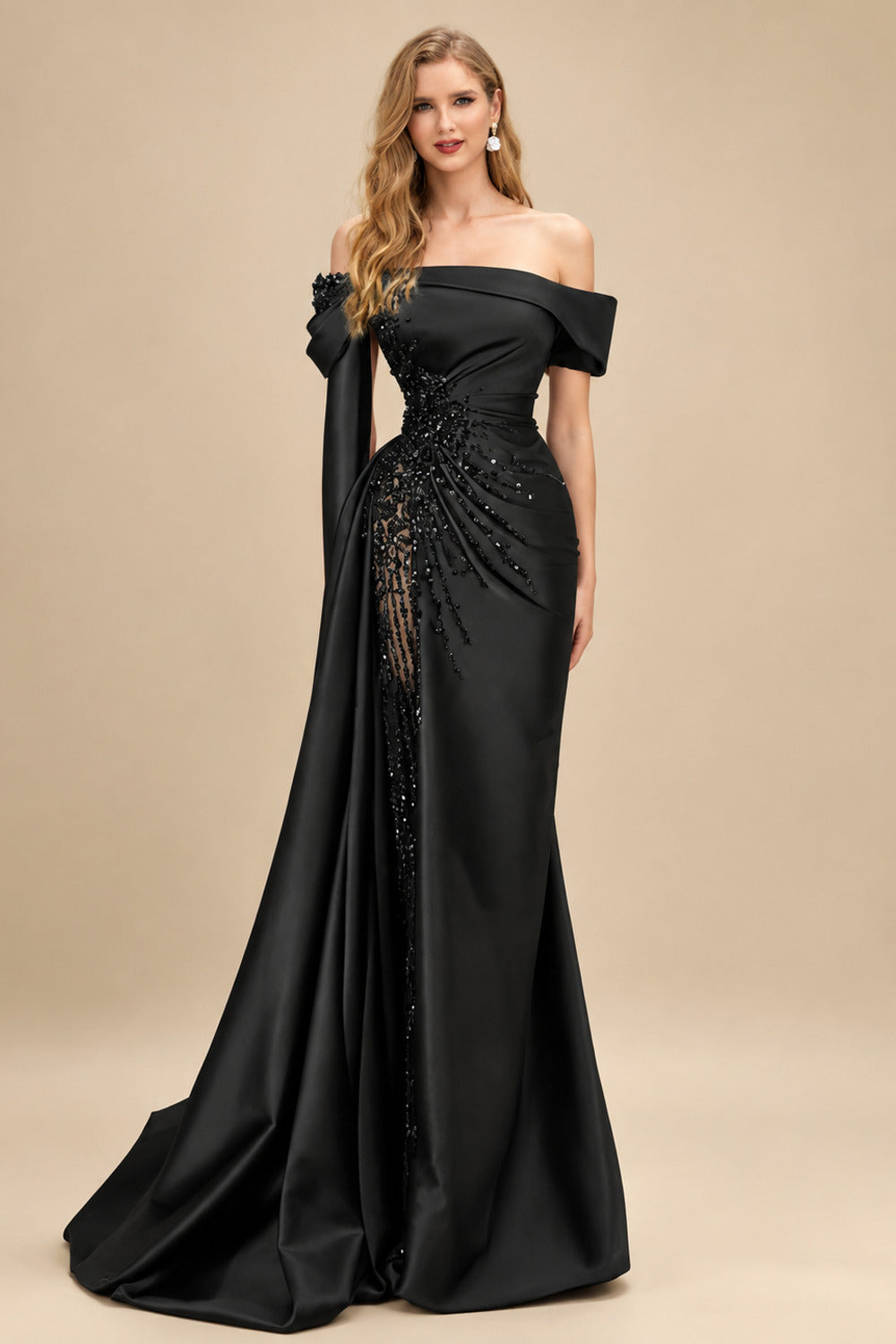 Rutipo Black Column Off-The-Shoulder Long Sleeves Satin/Sequined Wedding Dresses