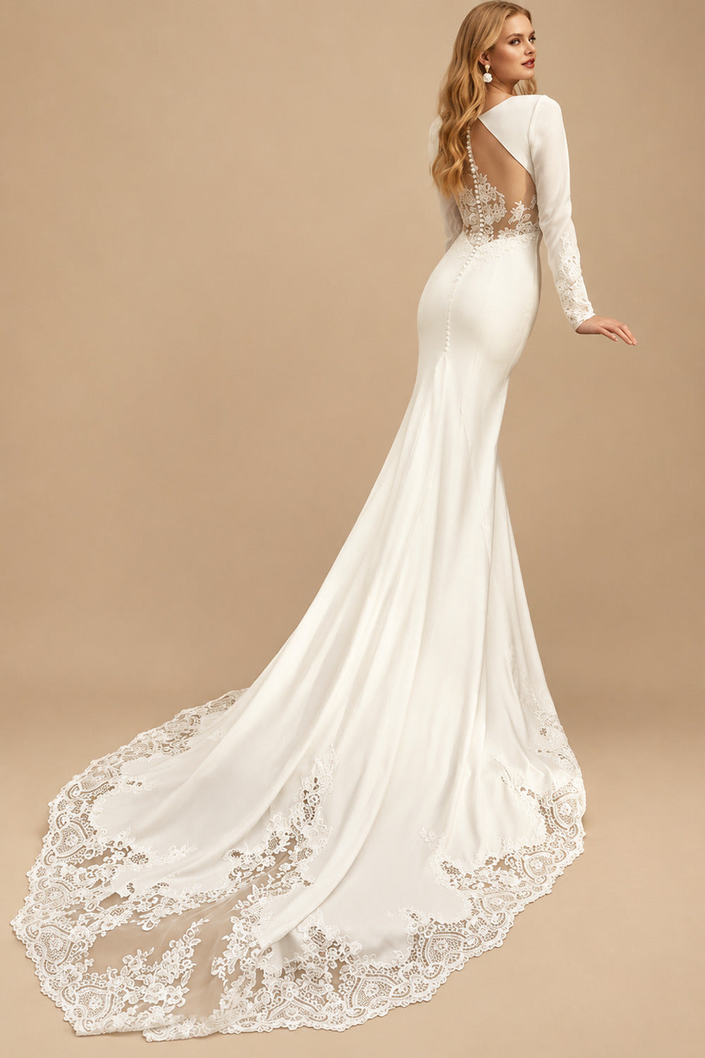 Rutipo Ivory Trumpet/Mermaid Long Sleeves Lace/Elastic Satin Wedding Dresses