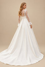 Rutipo Ivory Ball-Gown V-Neck Long Sleeves Sweep Wedding Dresses With Pockets