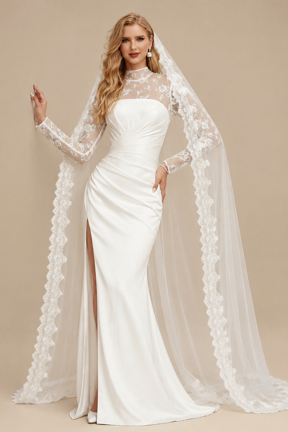 Rutipo Ivory High Neck Lace Long Sleeves Satin Wedding Dresses