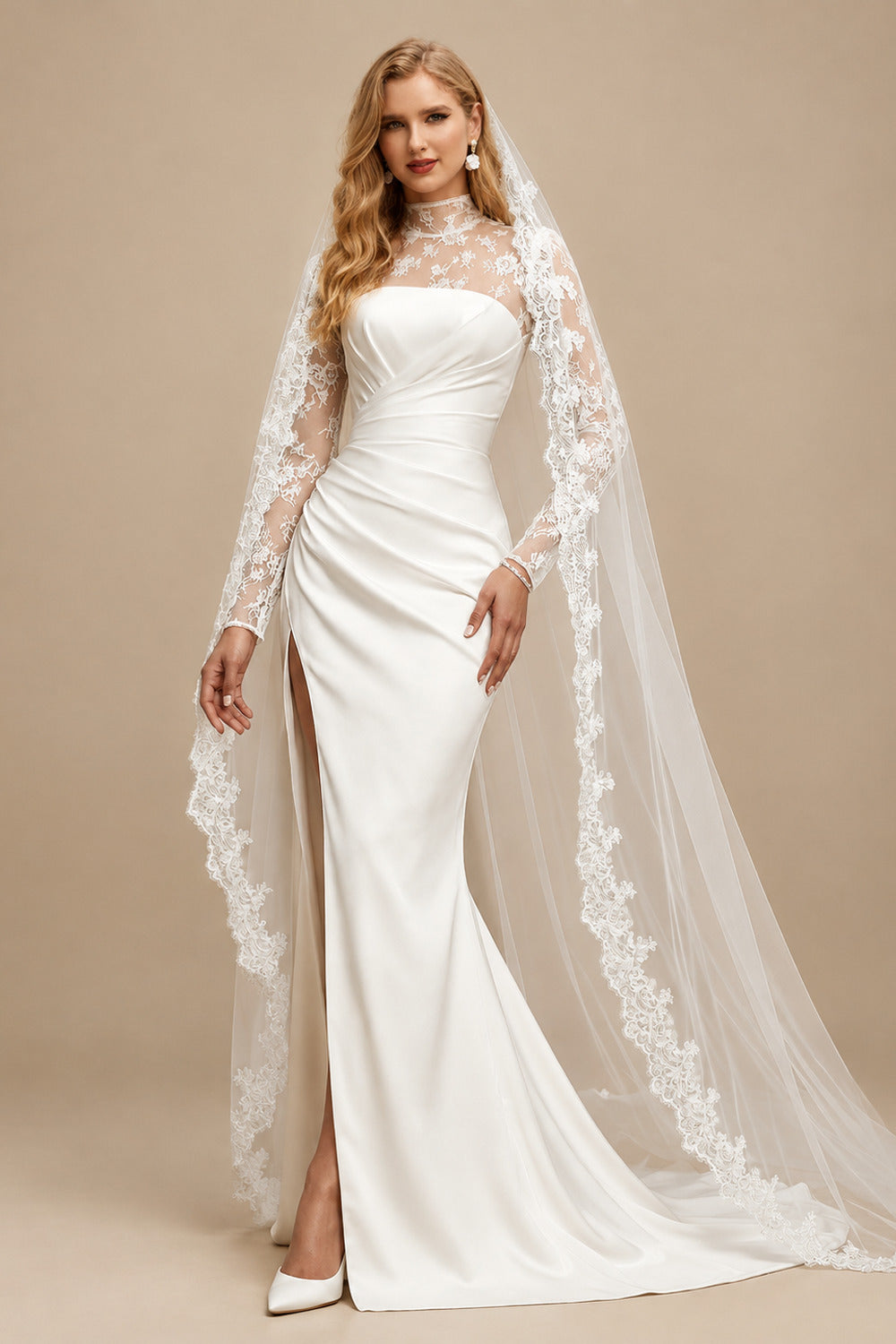 Rutipo Ivory High Neck Lace Long Sleeves Satin Wedding Dresses
