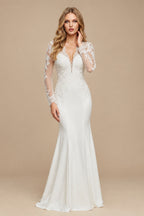 Rutipo Ivory Trumpet/Mermaid V-Neck Long Sleeves Wedding Dresses With Appliques Lace