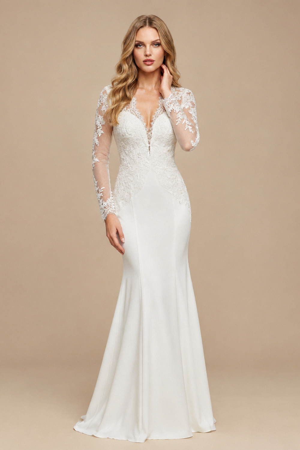 Rutipo Ivory Trumpet/Mermaid V-Neck Long Sleeves Wedding Dresses With Appliques Lace