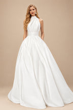 Rutipo Ivory Ball-Gown Halter Sleeveless Sweep Train Satin Wedding Dresses With Pockets