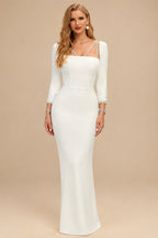Rutipo Ivory Sheath/Column Square Neckline 3/4 Sleeves Elastic Satin Wedding Dresses